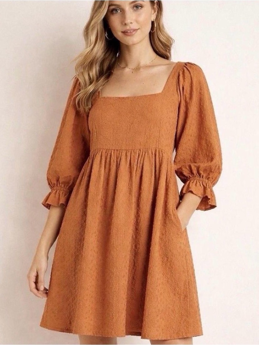 Madewell Puff Sleeve Textured Milkmaid Mini Dress Burnt Orange 6